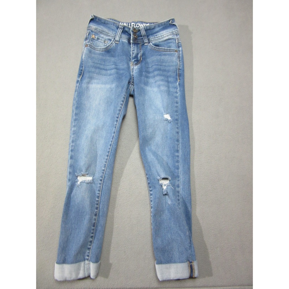 WallFlower Jeans Girls Size 14 Blue Skinny Distressed Cuffed Ultra Fit